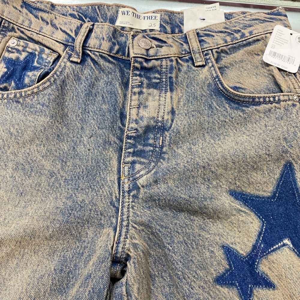 We The Free Blue Straight Jeans with Vintage Distressing and Star Appliqués